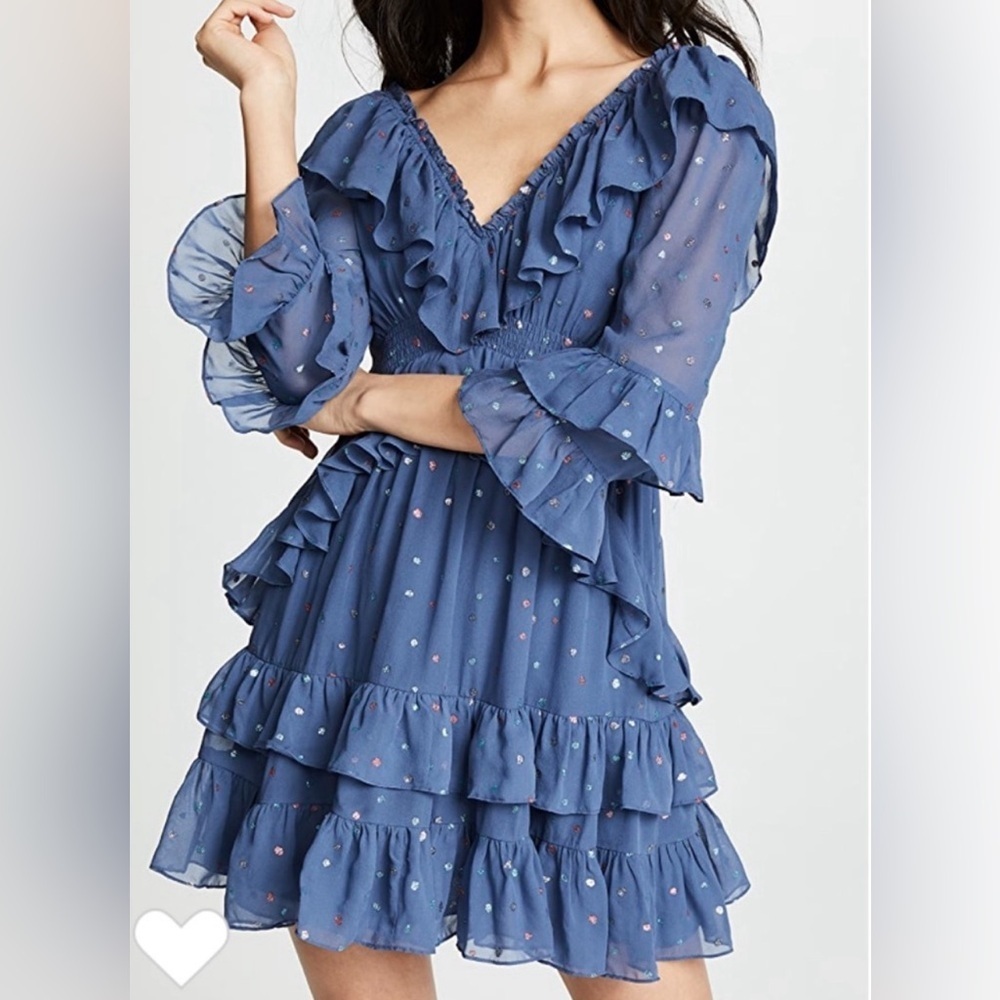 Rebecca Taylor 100% Silk Ruffle Mini Dress Glitter Gem Blue Dot Revolve, Size 8